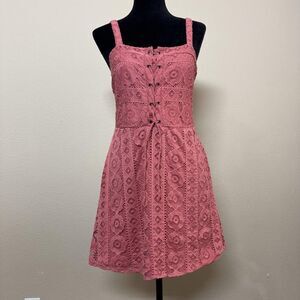 Aeropostale Dress Womens Large Pink Lace Up Floral A-Line Sundress Boho Festival